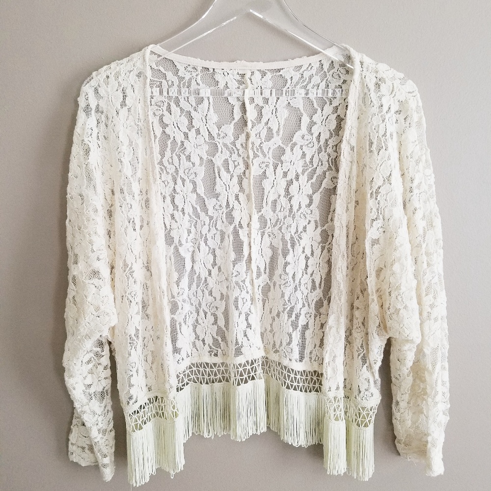 Ivory Lace/Fringe Open Front Cardigan - Size Small